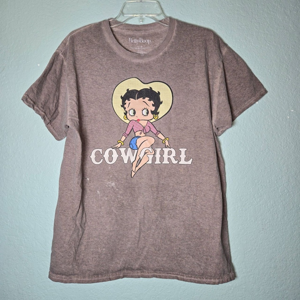 Betty Boop Heathered Brown Grey Cowgirl Womens sz Large Graphic T-shirt Read
